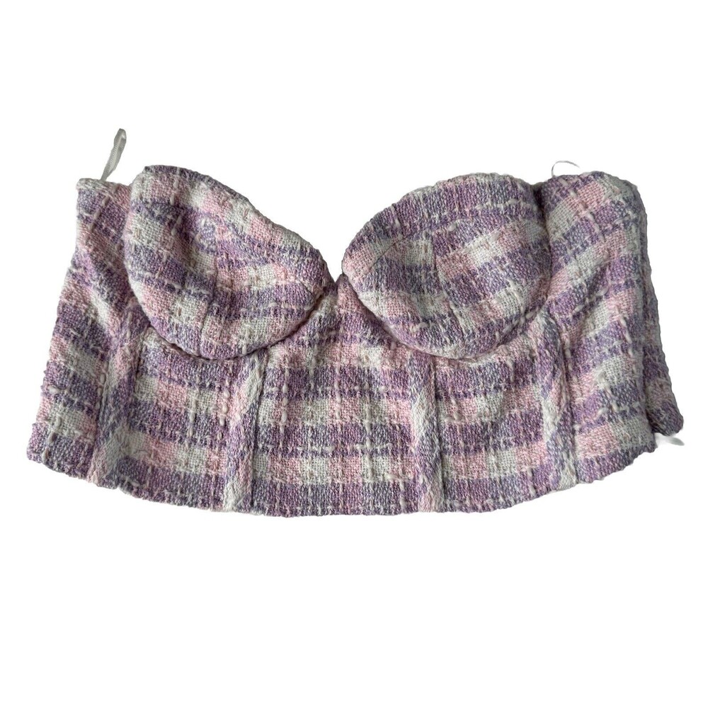 ZARA Women's Bustier Crop Top Pink Purple White Tweed Sweetheart Neckline Size M